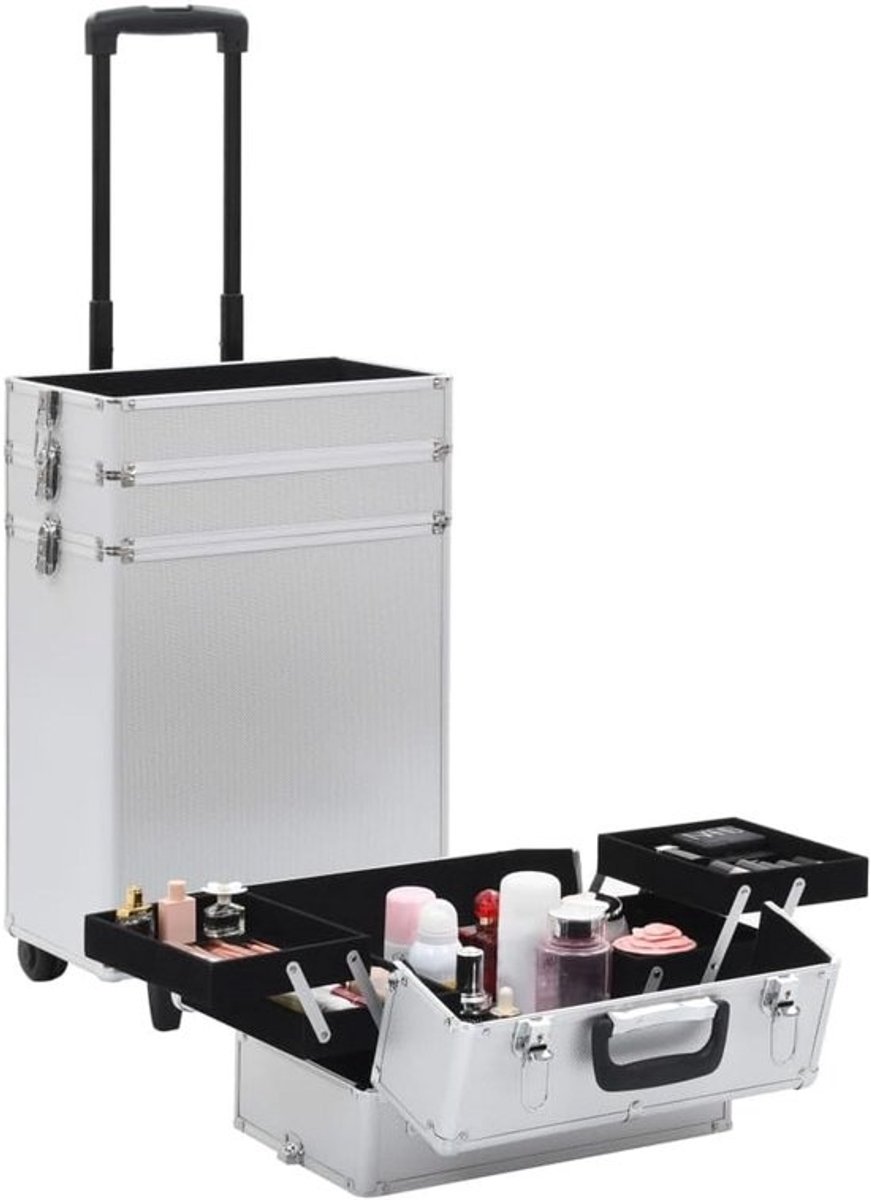 Professionele Make-up Trolley Aluminium Zilver - Uitklapbare Cosmecase met Wieltjes