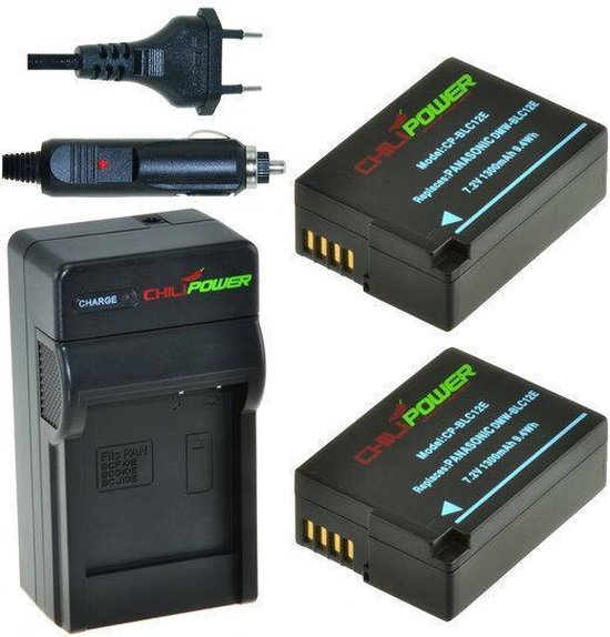 2x DMW-BLC12 accu 1300mAh voor Panasonic Lumix camera’s + compacte oplader en autolader kit