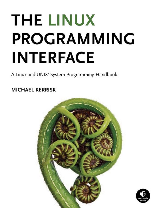 De voorkant van het boek "The Linux Programming Interface" met een close-up van een varenscheut.