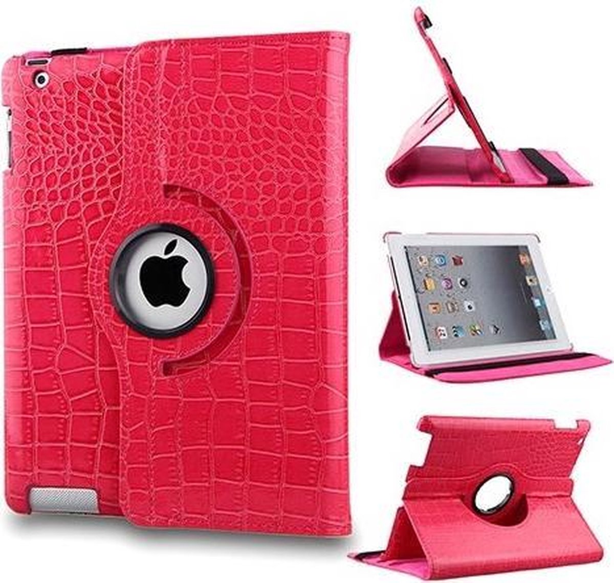 iPad 2, 3, 4 - 360 Graden draaibare Hoes - krokodillen / Crocodile Lederen - Roze