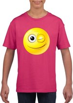 Smiley/ emoticon t-shirt knipoog  roze kinderen L (146-152)