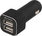 DELTACO USB-CAR69, Autolader, 3.1A, 2x USB Type A, 12V DC ingang, zwart