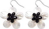 Parelmoeren oorbellen White Shell Flower Black Crystal - oorhangers - parelmoer - wit - zwart - stras steentjes - bloem