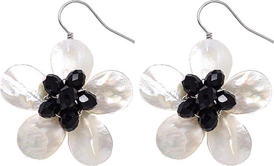 Parelmoeren oorbellen White Shell Flower Black Crystal - oorhangers - parelmoer - wit - zwart - stras steentjes - bloem- sterling zilver (925)
