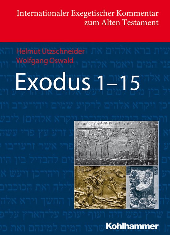 Boek Exodus 1-15. Cover met Hebreeuwse tekst en afbeeldingen van een reliëf en gravures.