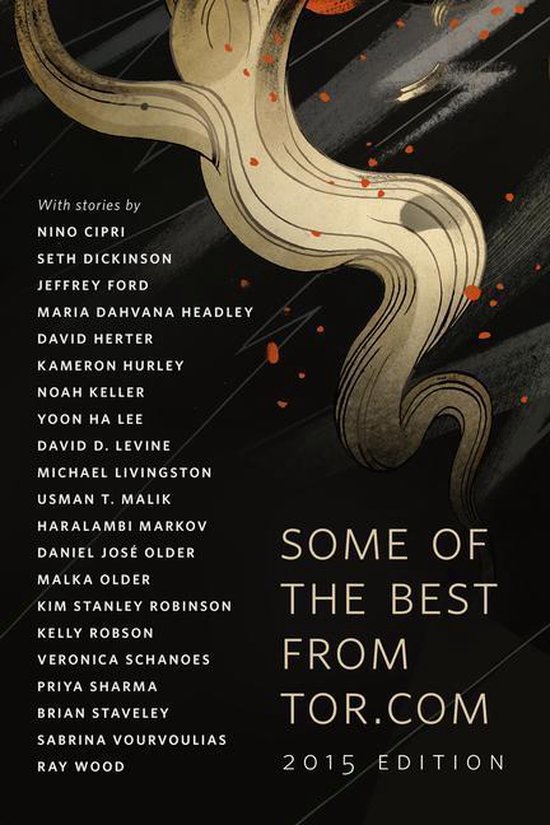 Cover van 'Some of the Best from Tor.com: 2015 Edition' met een abstracte, beige en gouden wervelende vorm op een zwarte achtergrond met oranje spetters.