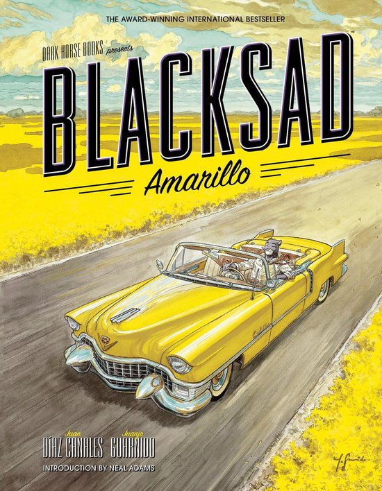 Gele cabriolet met Blacksad, in het geel, rijdend op een landweg tussen gele velden. "BLACKSAD Amarillo".