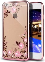 Hoesje geschikt voor Apple iPhone 7 Plus- Electroplating TPU Case Transparant met Rose Gouden Bumper en Vlinder met Diamant (Rose Golden Flowers Silicone Hoesje)