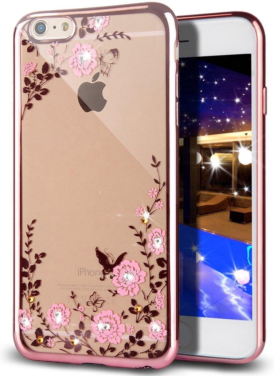 Hoesje geschikt voor Apple iPhone 7 Plus- Electroplating TPU Case Transparant met Rose Gouden Bumper en Vlinder met Diamant (Rose Golden Flowers Silicone Hoesje)