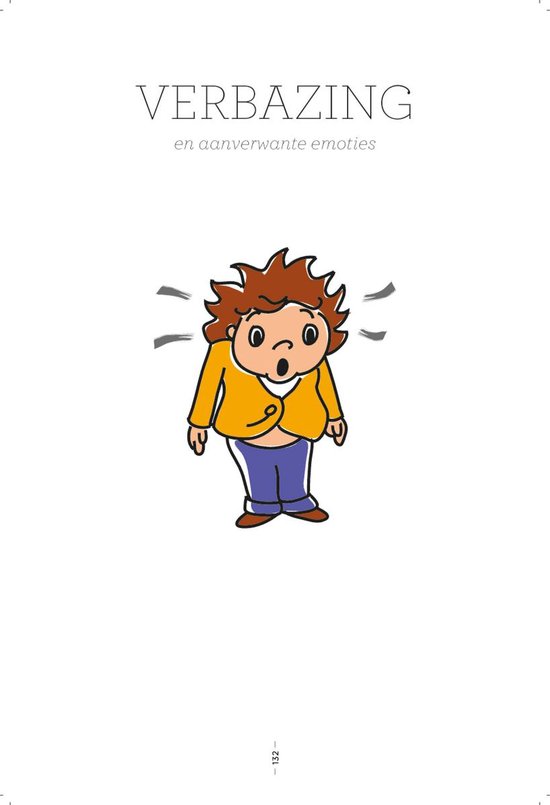 Illustratie van een kind met open mond en wijd opengesperde ogen, met trillende lijntjes rond het hoofd. Teks: VERBAZING en aanverwante emoties.