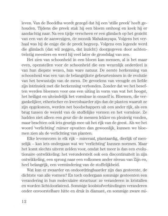 Pagina 12 met tekst over het boeddhisme, verlichting, en het leven.