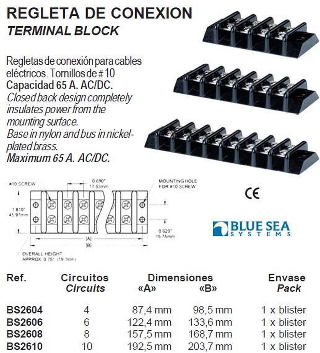 Terminal ∅ 10 rails/blokken max 65 Amp (4 circuits. 98,5 x 33,27mm) (BS2604)
