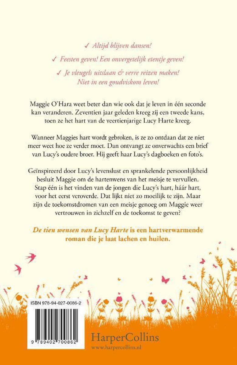 Achterkant van een boek met oranje en gele bloemen op de voorgrond. Tekst in het Nederlands.
