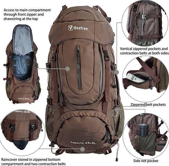 Beefree Backpack Rugzak 70 Liter Inclusief regenhoes Grijs