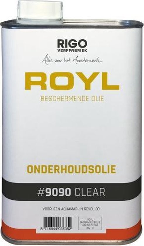 Wit blik met RIGO VERFFABRIEK ROYL BESCHERMENDE OLIE ONDERHOUDSOLIE #9090 CLEAR
