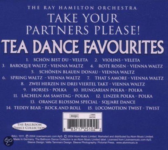 Albumhoes met 'TAKE YOUR PARTNERS PLEASE! TEA DANCE FAVOURITES' in grote witte letters. Lijst met 15 nummers.