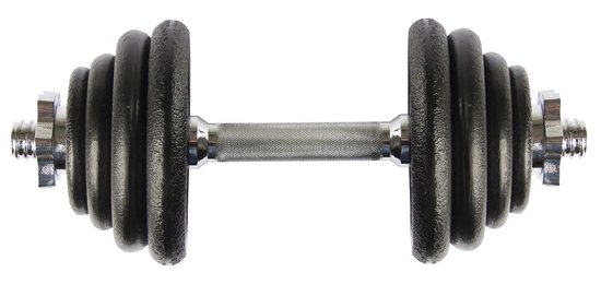 Verstelbare dumbbell met meerdere zwarte gietijzeren schijven aan beide zijden.