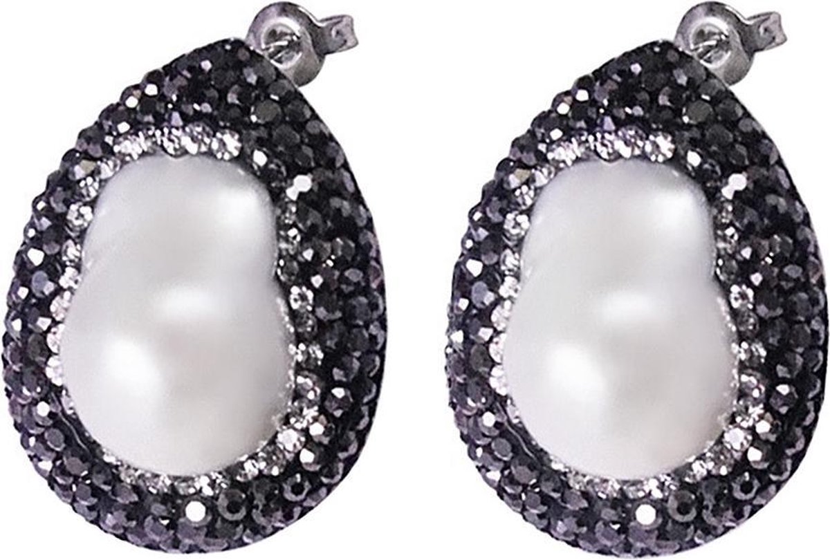 Zoetwater parel oorbellen Bright Pearl Big Teardrop - oorstekers - echte parels - wit - zwart - stras steentjes