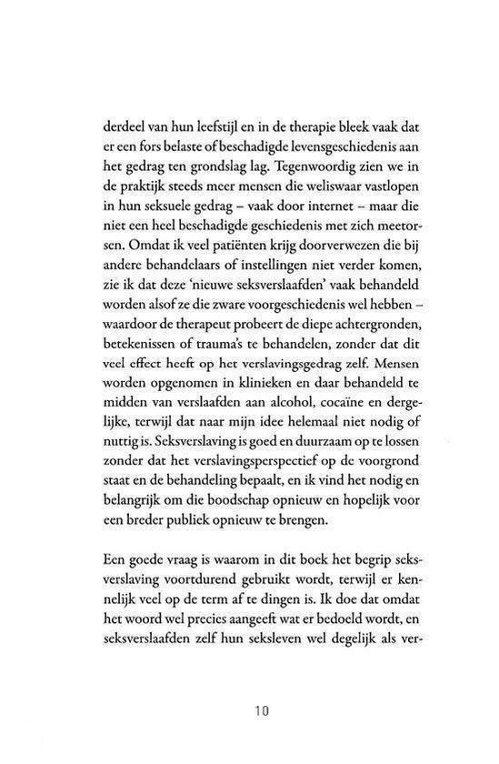 Pagina 10 met tekst die de oorsprong van seksverslaving en de behandeling bespreekt.