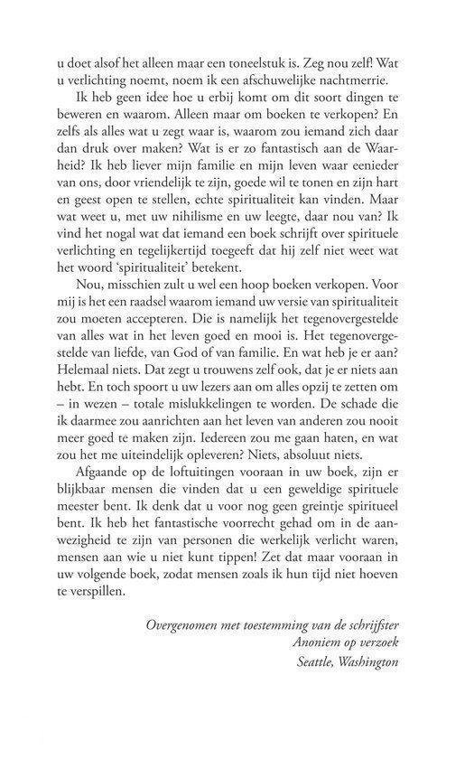 Tekstpagina over spiritualiteit, verlichting, liefde en het leven. Met tekst "Overgenomen met toestemming van de schrijfster".