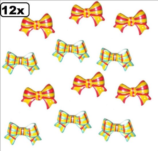 12x Strikje+speld rood/geel/groen 2 assortie - Carnaval thema feest party fun optocht