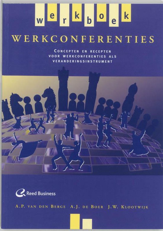 Boek "Werkboek werkconferenties" met een paarse kaft en schaakstukken, dansers en silhouetten.