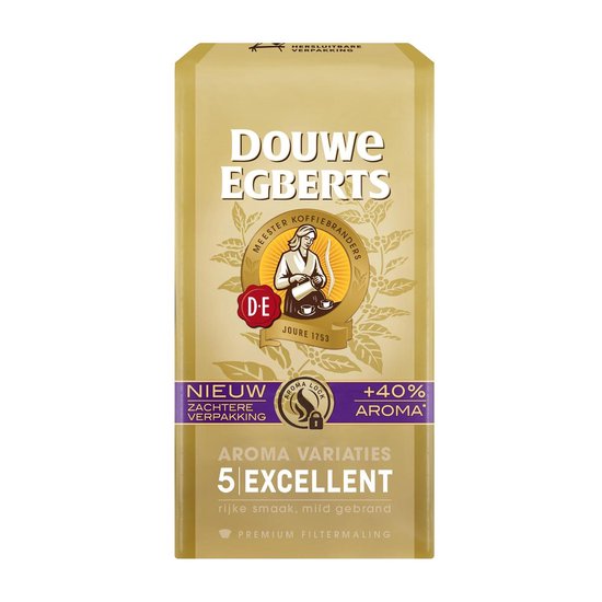 Gouden pak Douwe Egberts "Excellent" filterkoffie 250g, met "Nieuw Zachte verpakking" en "+40% Aroma Lock".