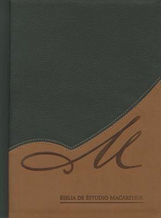 Bible vert foncé et brun avec logo 'M' et texte 'BIBLIA DE ESTUDIO MACARTHUR'.