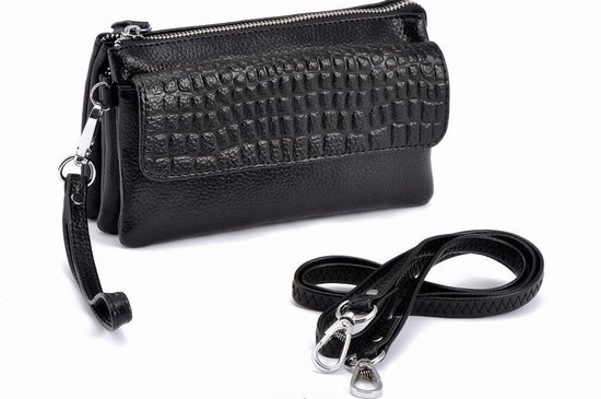 Dames Clutch - Lederen Handtasje Clutch - Zwart - met afneembare lange schouderband