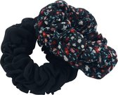 Haarelastiekjes scrunchie retro zwart met bloemetjes