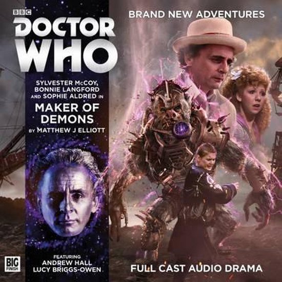 Doctor Who: Maker of Demons audio drama cover met Sylvester McCoy, Sophie Aldred, en een demon.