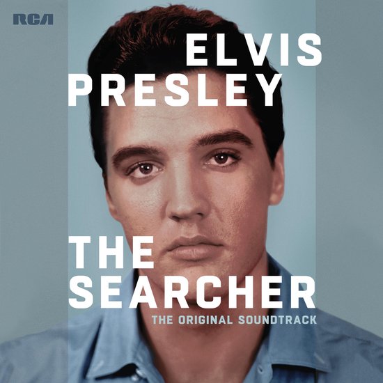 Close-up van Elvis Presley met "ELVIS PRESLEY THE SEARCHER THE ORIGINAL SOUNDTRACK" in witte letters.