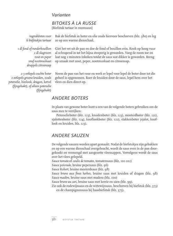 Recepten voor 'Bitokes à la russe' en diverse boters en sauzen.