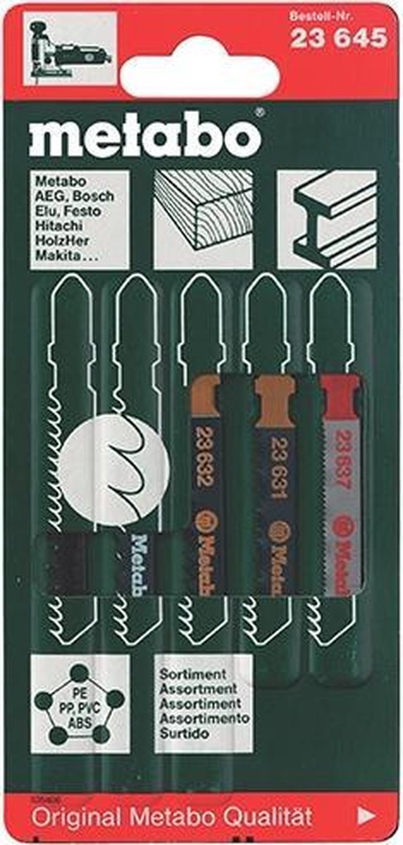 Stichzaagbladassortiment 5-delig 4xHout/1xMetaal HCS/HSS v.Hout/Ku/Metaal