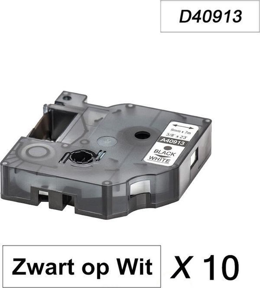 10 x Dymo 40913 Zwart op Wit Standaard Label Tapes Compatible voor Dymo 2000 3500 5500 Label Manager 100 110 120P 150 160 200 210D 220P 260D 280 300 350 360D 400 450 450D / 9mm x 7m