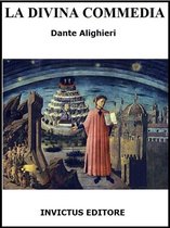 Boekomslag van 'La Divina Commedia' door Dante Alighieri. Een man in een rode toga staat met een boek in een klassiek landschap.
