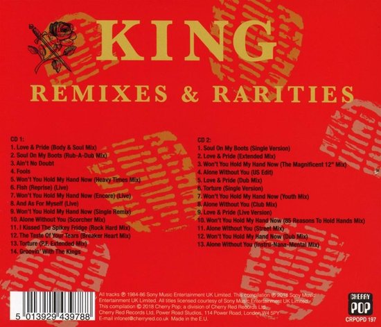 Albumhoes met tracklijsten voor CD1 en CD2, met de tekst 'KING REMIXES & RARITIES'.
