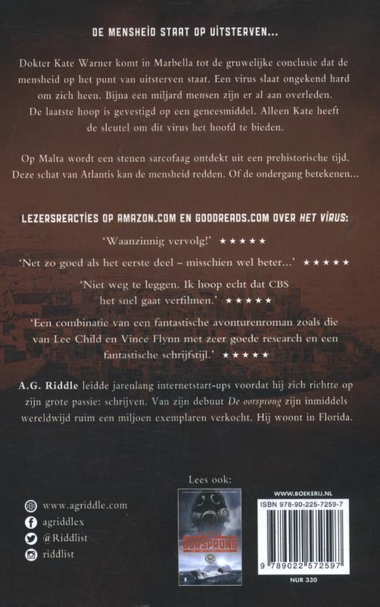 Boekomslag met tekst 'De mensheid staat op uitsterven' en recensies. Een gasmasker is afgebeeld.