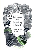 Boek kaft 'Far From The Madding Crowd' met gestileerde groene heuvels, zwarte bomen en schapen, en een wolk met regen.