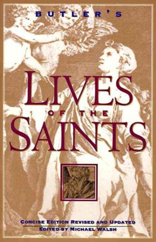 Couverture de livre avec le titre 'Butler's Lives of the Saints'. Grandes lettres avec des figures d'anges.