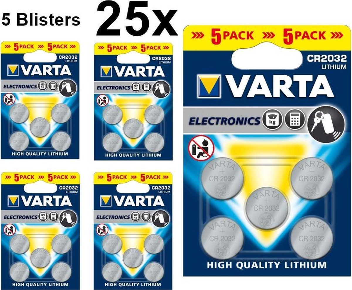 bol.com | 25 Stuks (5 Blisters a 5st) - VARTA CR2032 3v lithium knoopcel  batterij