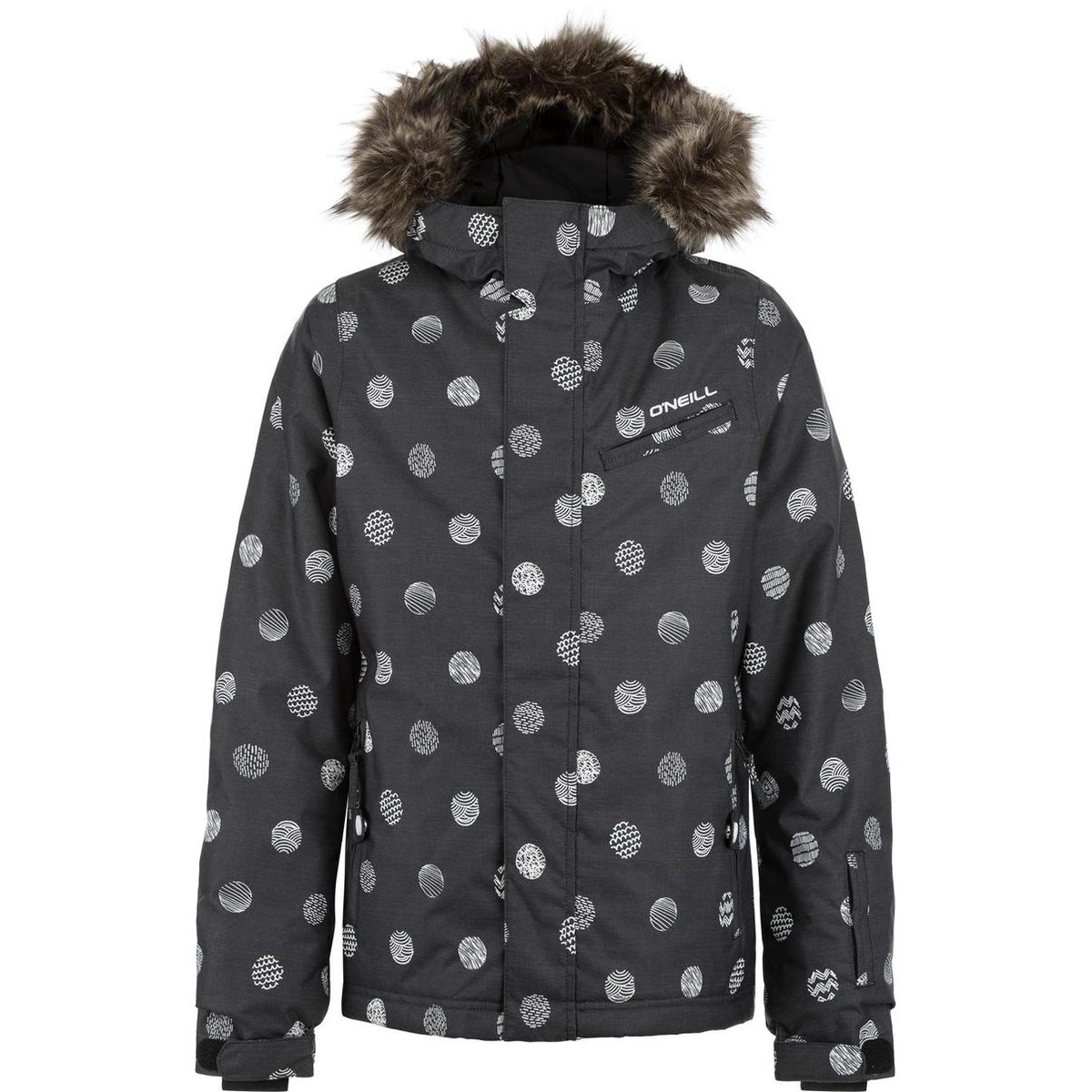 O’Neill zwarte winterjas ski jas Radiant met vaste muts en afneembaar bontje Multicolor