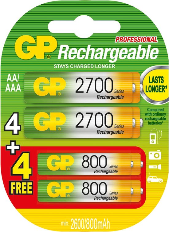 GP 4x AA 2600 mAh oplaadbare + gratis AAA 800 mAh oplaadbare batterijen | bol.com