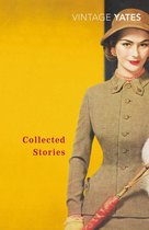Gedrukte tekst: Collected Stories VINTAGE YATES. Een vrouw in een bruine outfit, met hoed en handschoenen, poseert met een paraplu.