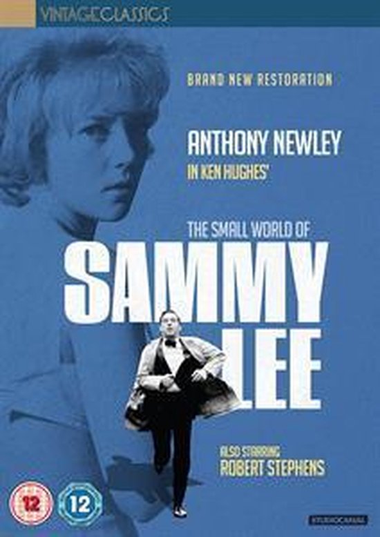 DVD-hoes met close-up van een blonde vrouw en een rennende man in pak. "The Small World of Sammy Lee" met Anthony Newley.