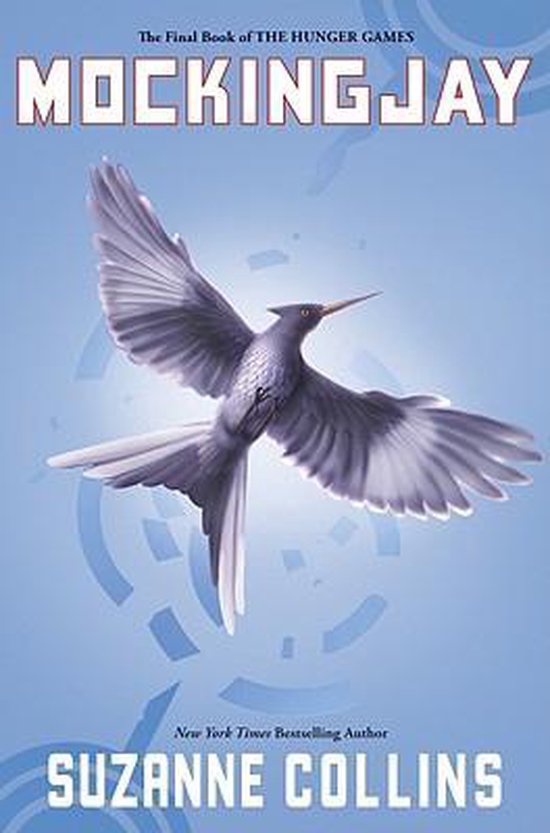 La couverture du livre 'Mockingjay' de Suzanne Collins, le dernier tome de The Hunger Games, avec un oiseau gris en vol sur fond bleu.