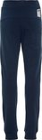 Achterkant van een donkerblauwe joggingbroek met een achterzak en een label.