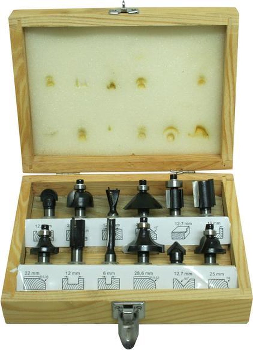 kwb-freesset, 12-delig, (V-groeffrees, groeffrees en nog veel meer) hardmetalen, drukkogellagers inclusief zeskantsleutel en houten koffer - KWB