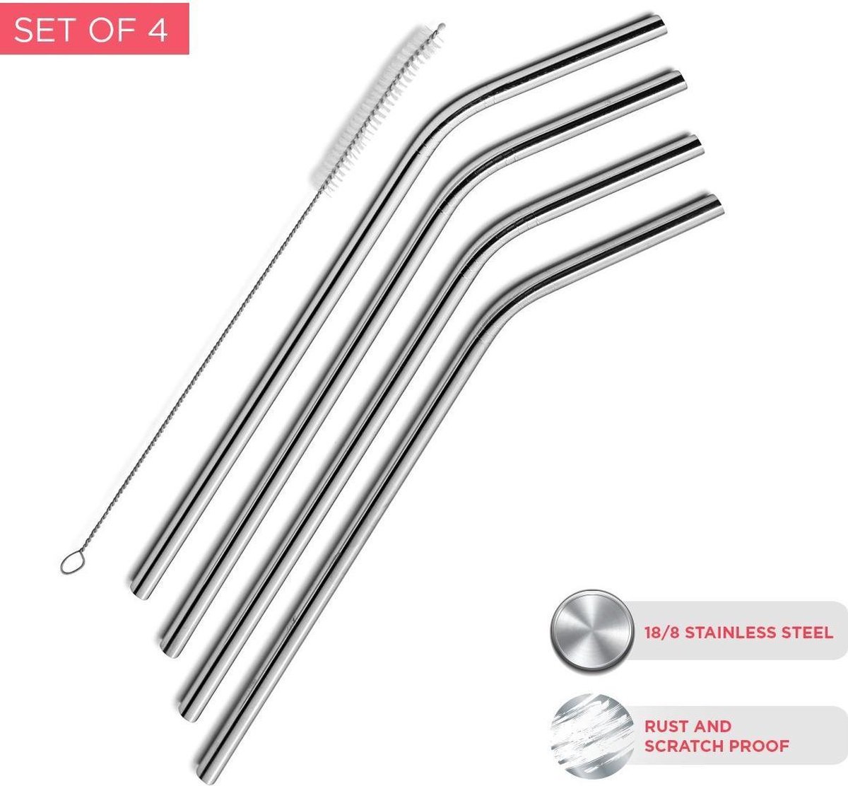 ForeverKitchen herbruikbare RVS/Stalen Drink Rietjes Krom - Set: 4-stuks - met schoonmaakborstels - Ideaal voor Cocktails en Smoothies - metalen ijzeren rietjes — cadeau in Kookcadeaus - foto 5