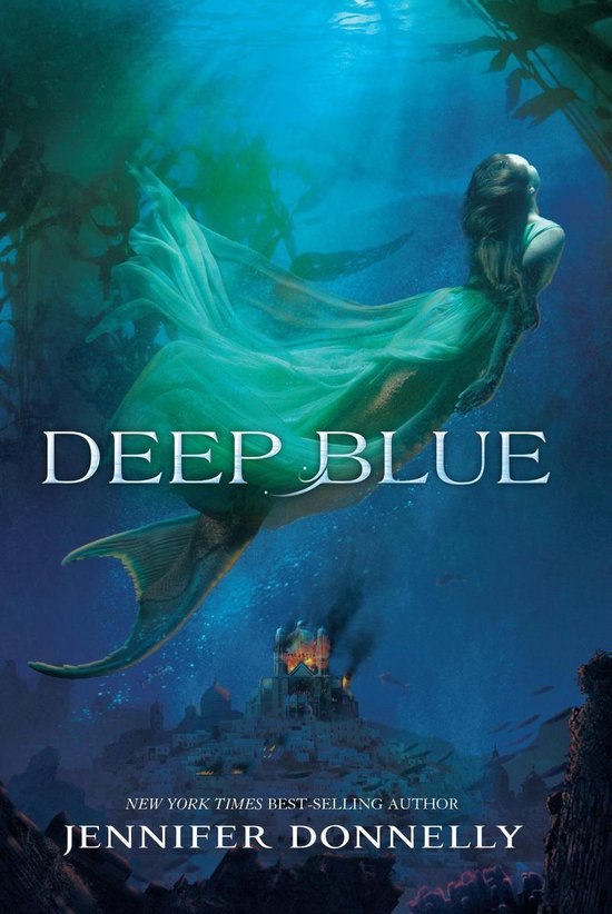 Onderwaterwereld met een zeemeermin in een turkooizen jurk, tekst: DEEP BLUE.